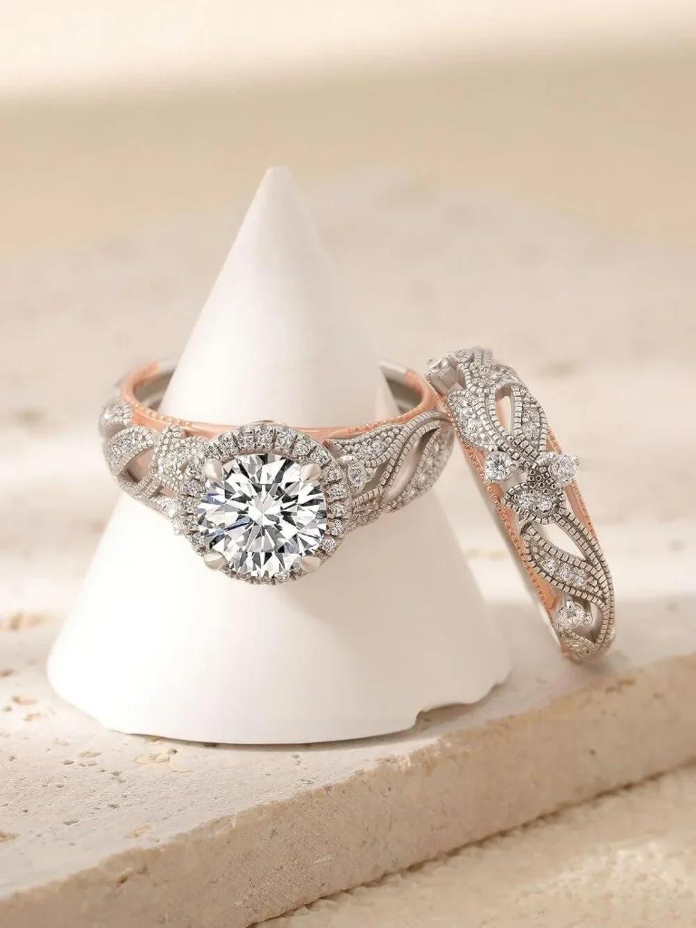 Elegant 4 Carat Rose Gold & Silver Halo Engagement & Wedding Ring Set
